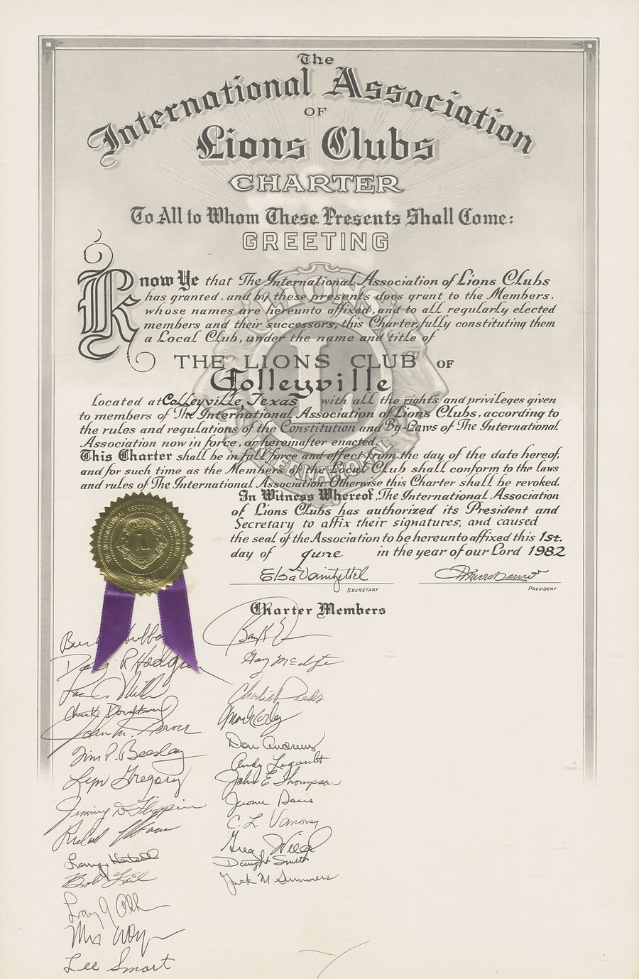 The Colleyville Lions Club charter from The International Association of Lions Clubs, dated June 1, 1982, with the Association's gold seal and the signatures of the charter members