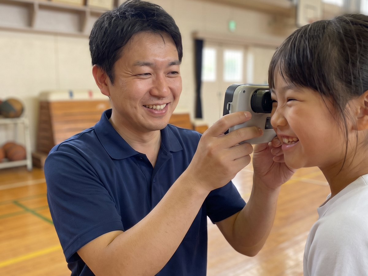 A Lions volunteer screening a young girl's eyes with a handheld vision screener