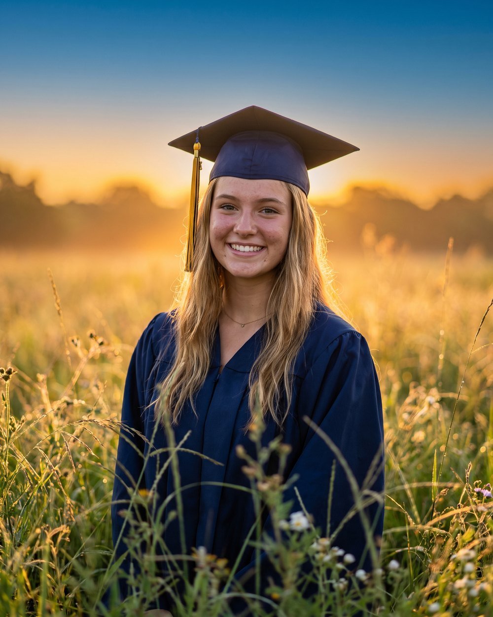 A smiling high school senior in a navy cap and gown at sunrise